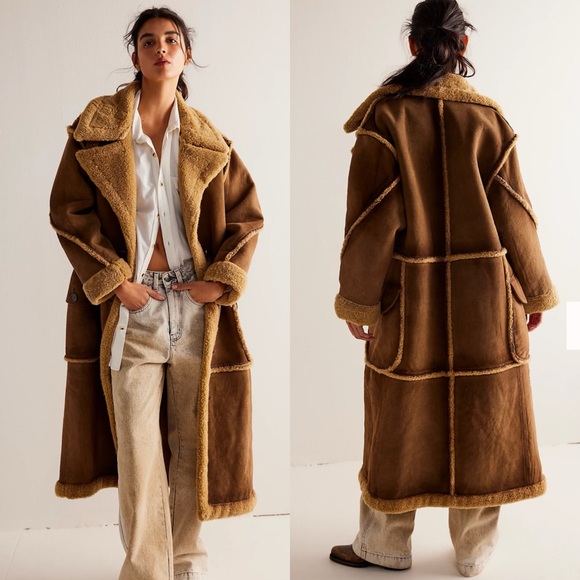 Free People Inferno Leather Suede Sherpa Shearling Brown Long Duster‎ Coat Small - Picture 1 of 15